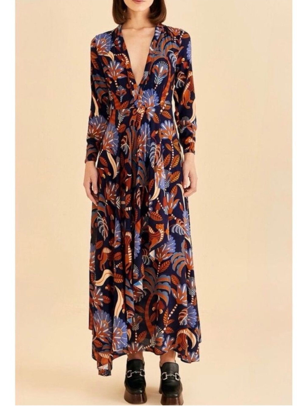 Floral Print Long Sleeve Maxi Dress in Navy and Rust